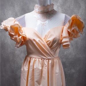 Vintage 1970s Peach Taffeta Prom Dress with Ruffled Sleeves, Victorian Style 22”